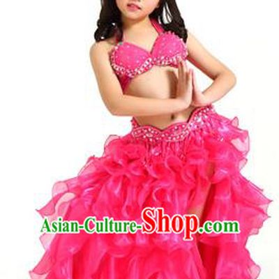 Traditional Indian Belly Dance Rosy Dress Asian India Oriental Dance Costume for Kids