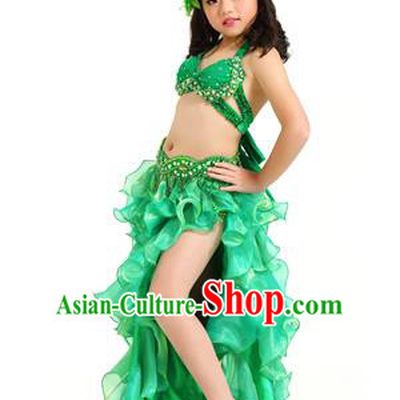 Traditional Indian Belly Dance Green Dress Asian India Oriental Dance Costume for Kids