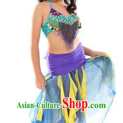Traditional Oriental Dance Blue and Purple Dress Indian Belly Dance Costume for Kids