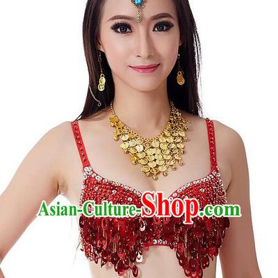 Indian Bollywood Belly Dance Red Sequin Brassiere Asian India Oriental Dance Costume for Women