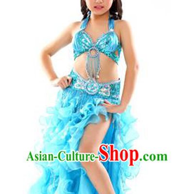 Traditional Indian Children Stage Performance Blue Dress Oriental Belly Dance Costume for Kids