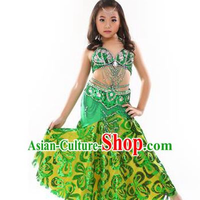 Traditional Indian Children Performance Oriental Dance Green Dress Belly Dance Costume for Kids