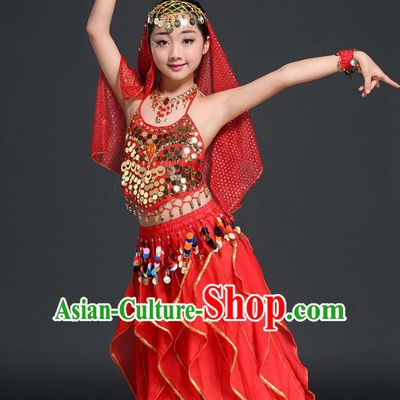 Traditional Indian Children Performance Red Uniforms Oriental Belly Dance Costume for Kids