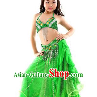 Indian Traditional Stage Performance Dance Green Dress Belly Dance Costume for Kids