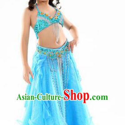 Indian Traditional Stage Performance Dance Blue Dress Belly Dance Costume for Kids