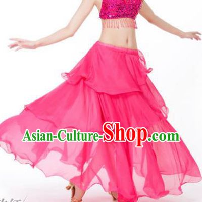 Indian Belly Dance Stage Performance Costume, India Oriental Dance Rosy Spiral Skirt for Women