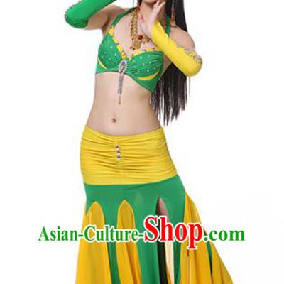 Asian Indian Bollywood Belly Dance Costume Stage Performance Oriental Dance Green and Yellow Dress for Women