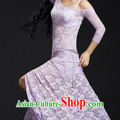Asian Indian Traditional Costume Belly Dance Stage Performance Lilac Lace Dress for Women