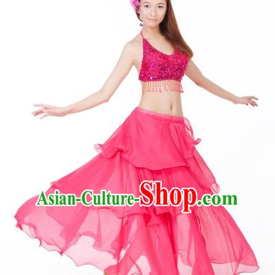 Indian Traditional Dance Rosy Dress Oriental Belly Dance Stage Performance Costume for Women