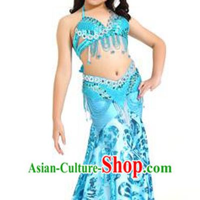 Indian Traditional Belly Dance Blue Dress Oriental Dance Performance Costume for Kids