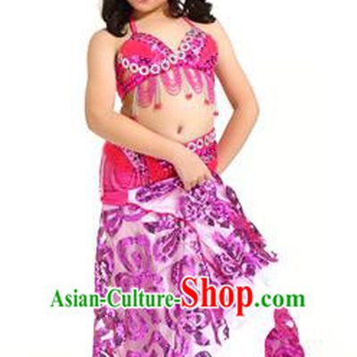 Indian Traditional Belly Dance Rosy Dress Oriental Dance Performance Costume for Kids
