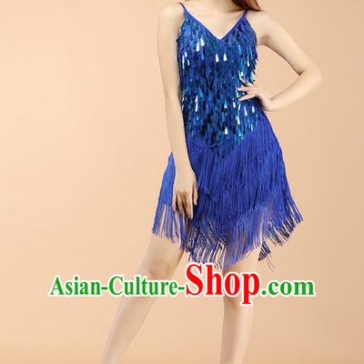 Top Grade Modern Dance Jazz Latin Dance Costume Classical Dance Blue Sequin Dress for Women