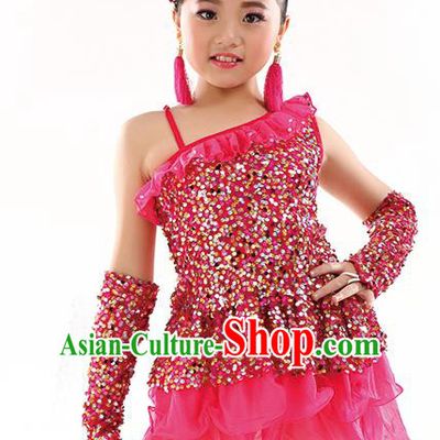 Top Latin Dance Performance Sequin Costume Traditional Children Modern Dance Rosy Dress for Kids