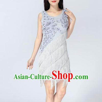 Top Grade Latin Dance Grey Tassel Short Dress Modern Dance Ballroom Dance Performance Costume for Women