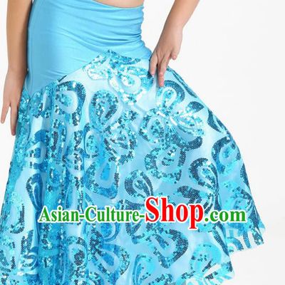 Top Indian Belly Dance Children Blue Skirt India Traditional Oriental Dance Performance Costume for Kids