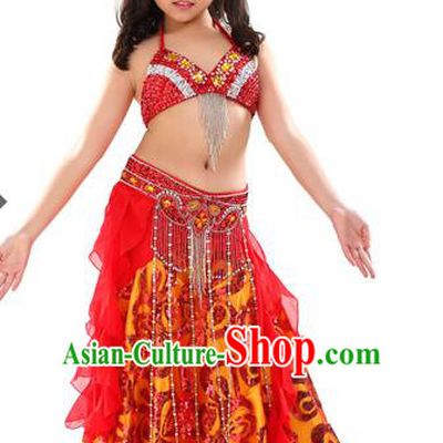 Top Indian Belly Dance Red Dress India Traditional Oriental Dance Performance Costume for Kids