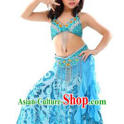Top Indian Belly Dance Blue Dress India Traditional Oriental Dance Performance Costume for Kids