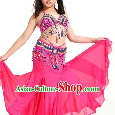 Indian Traditional Children Belly Dance Costume Classical Oriental Dance Rosy Dress for Kids