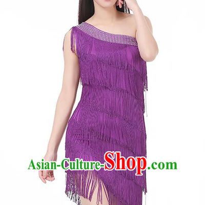 Top Modern Dance Latin Dance Costume Classical Jazz Dance Purple Tassel Dress for Women