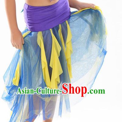 Asian Indian Belly Dance Blue Veil Skirt Stage Performance Oriental Dance Clothing for Kids