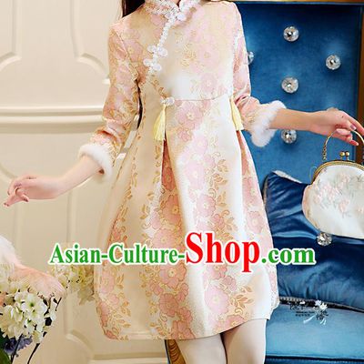 Traditional Chinese National Costume Pink Wool Dress Tangsuit Embroidered Cheongsam Clothing for Women