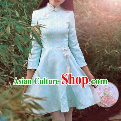Traditional Chinese National Costume Blue Qipao Dress Tangsuit Embroidered Cheongsam Clothing for Women