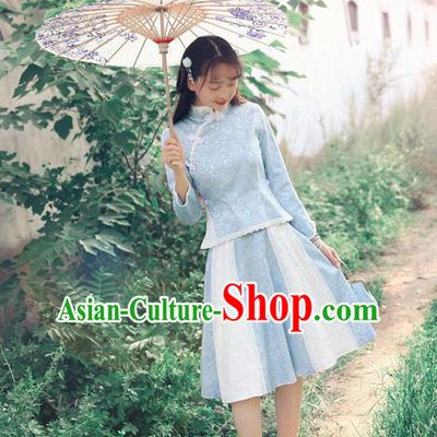 Traditional Chinese National Qipao Dress Costume Tangsuit Cheongsam Blouse and Skirt for Women