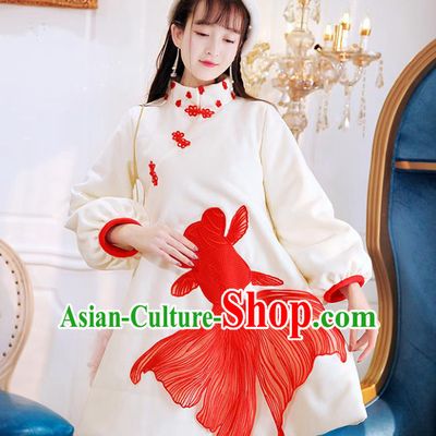 Traditional Chinese National Goldfish Qipao Dress Costume Tangsuit Cheongsam Clothing for Women