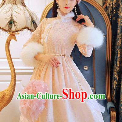 Traditional Chinese National Embroidered Qipao Dress Costume Tangsuit Pink Lace Cheongsam Clothing for Women
