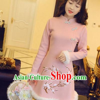 Traditional Chinese National Pink Qipao Dress Tangsuit Embroidered Plum Blossom Cheongsam Clothing for Women
