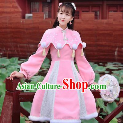 Traditional Chinese National Pink Qipao Dress Tangsuit Embroidered Cheongsam Clothing for Women