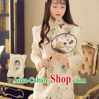 Traditional Chinese National Costume Wool Cheongsam Tangsuit Embroidered Vests Dress for Women