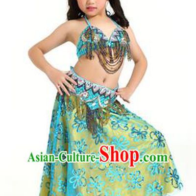 Asian Indian Children Belly Dance Blue Dress Stage Performance Oriental Dance Clothing for Kids