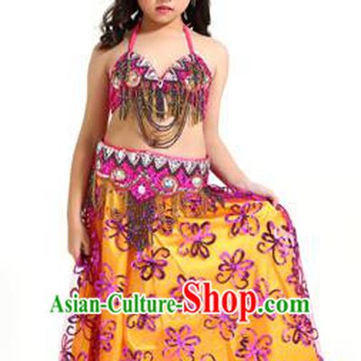 Asian Indian Children Belly Dance Rosy Dress Stage Performance Oriental Dance Clothing for Kids