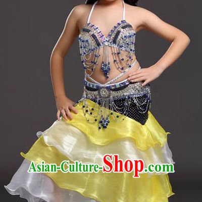 Asian Indian Children Belly Dance Yellow and White Dress Stage Performance Oriental Dance Clothing for Kids