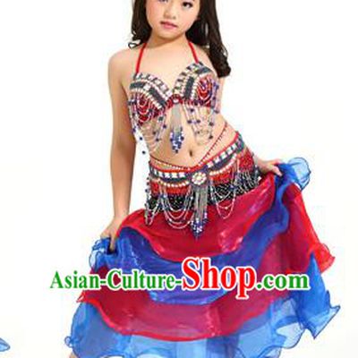 Asian Indian Children Belly Dance Red and Blue Dress Stage Performance Oriental Dance Clothing for Kids