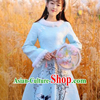Traditional Chinese National Blue Dress Tangsuit Cheongsam Clothing for Women