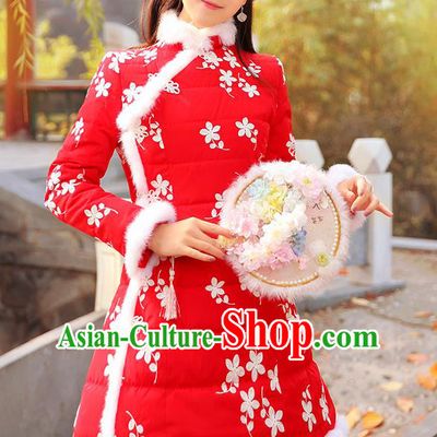 Traditional Chinese National Embroidered Red Dress Tangsuit Cotton-padded Cheongsam Clothing for Women