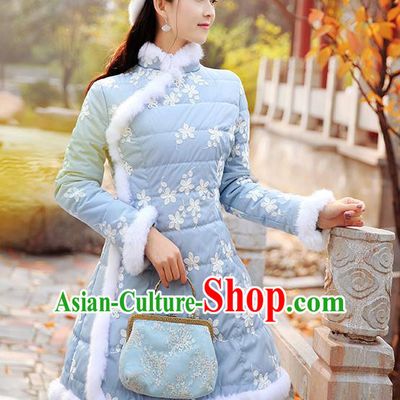 Traditional Chinese National Embroidered Blue Dress Tangsuit Cotton-padded Cheongsam Clothing for Women