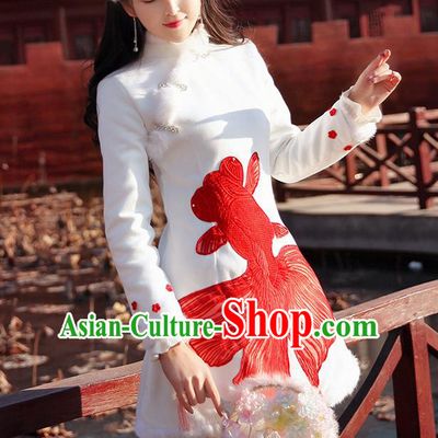 Traditional Chinese National Tangsuit Red Goldfish Qipao Dress Cheongsam Clothing for Women