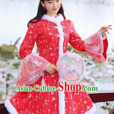 Chinese National Tangsuit Embroidered Red Qipao Dress Cheongsam Clothing for Women