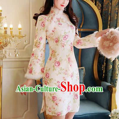 Chinese National Tangsuit Printing Rose Qipao Dress Cheongsam Clothing for Women