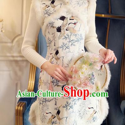 Chinese National Tangsuit Printing Crane Qipao Dress Cheongsam Vests Clothing for Women