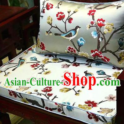 Chinese Traditional Fabric Flowers Birds Pattern White Brocade Chinese Fabric Asian Tibetan Robe Material