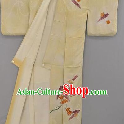 Japan Traditional Costume Yellow Satin Yukata Dress Japanese Furisode Kimono for Women