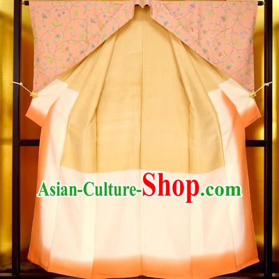 Japan Traditional Costume Printing Flowers Pink Yukata Dress Japanese Furisode Kimono for Women