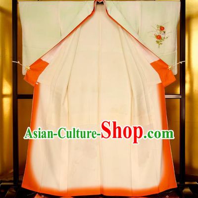 Japan Traditional Costume Printing Flowers Green Yukata Dress Japanese Furisode Kimono for Women