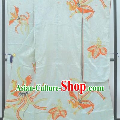Japan Traditional Kimonos Costume Printing Phoenix White Yukata Dress Japanese Furisode Kimono for Women