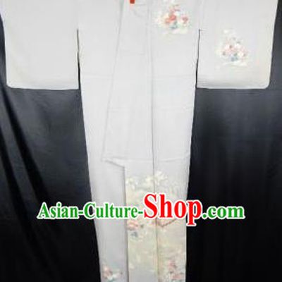 Japan Traditional Kimonos Costume Printing Grey Yukata Dress Japanese Furisode Kimono for Women