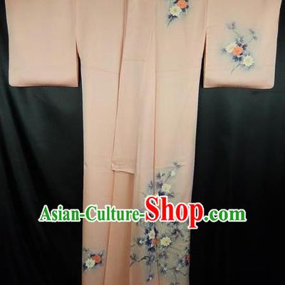 Japan Traditional Kimonos Costume Printing Flowers Pink Yukata Dress Japanese Furisode Kimono for Women